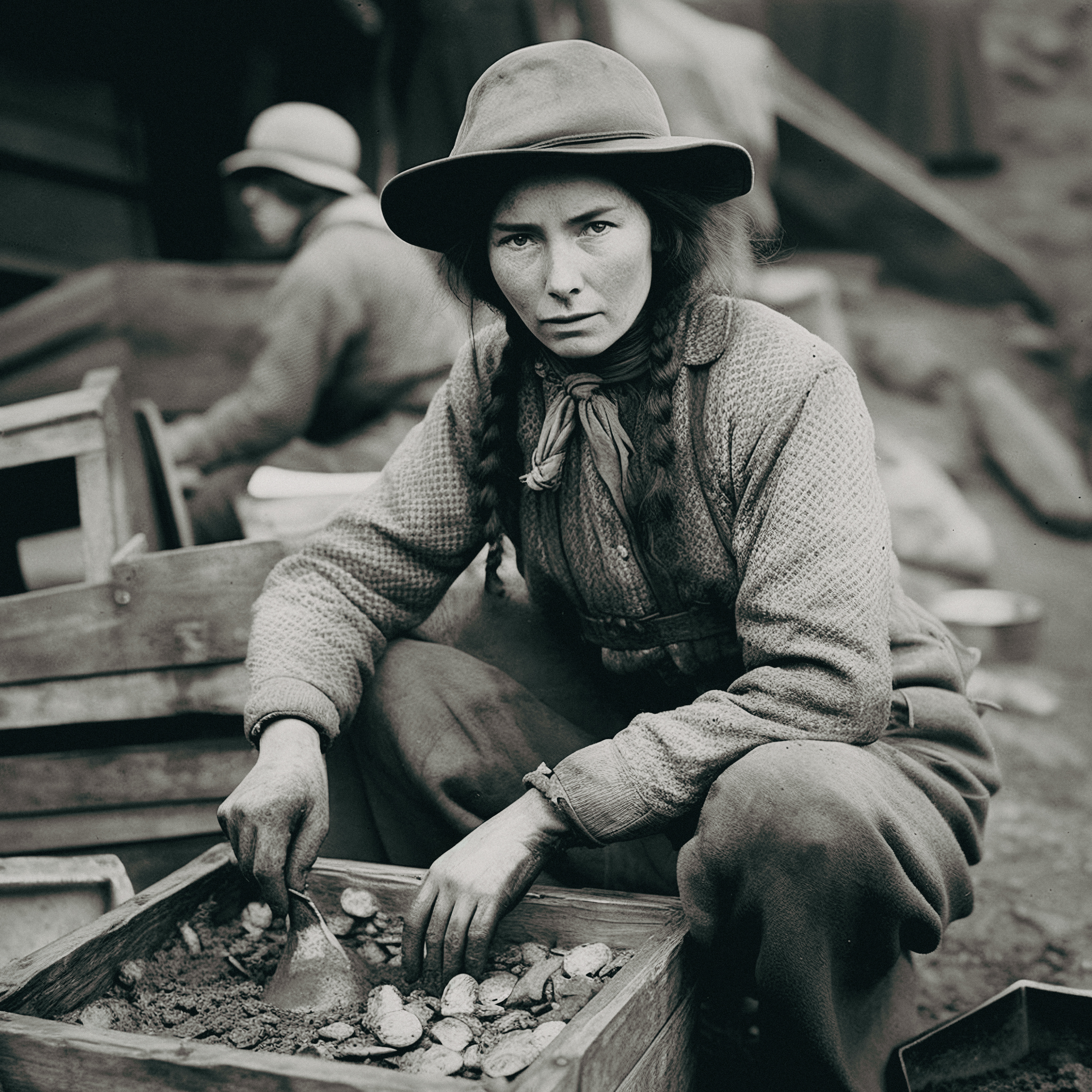 female gold digger panning for gold