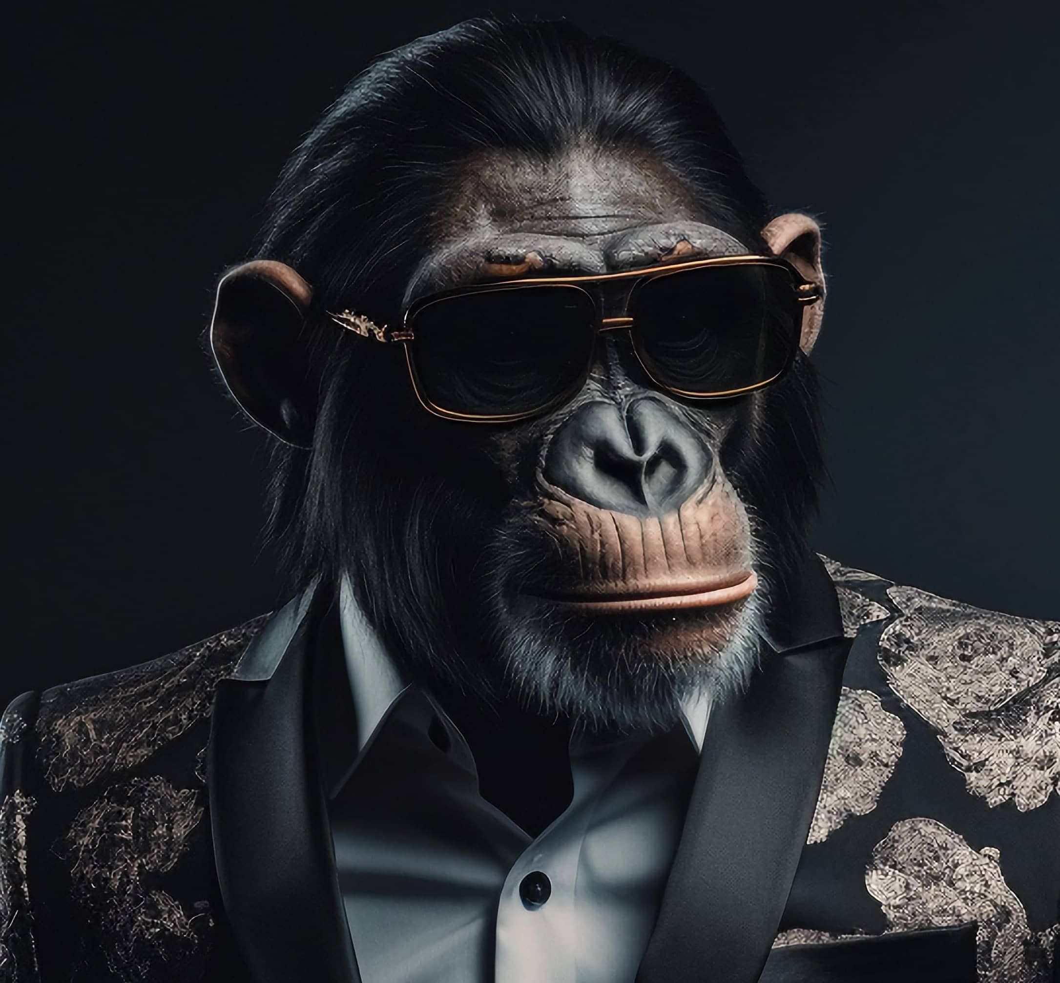 a dapper chimp in a smoking jacket wearing sunglasses