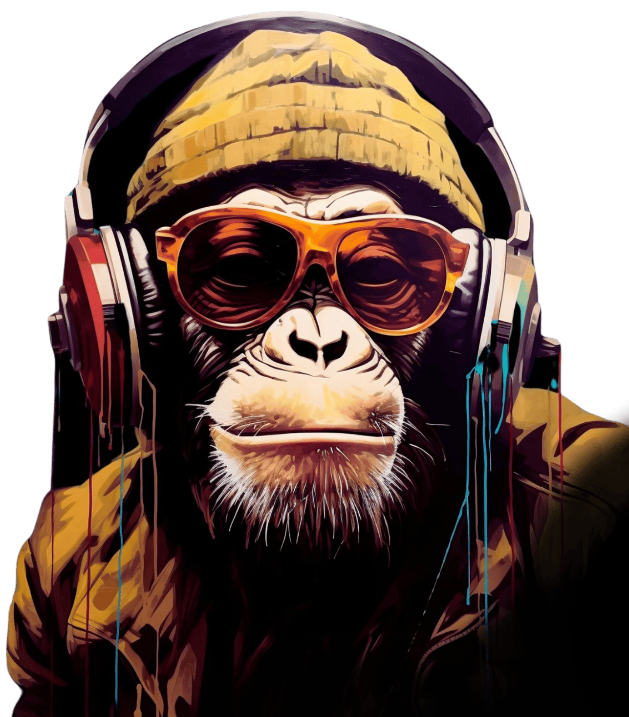 A chimpanzee wearing orange sunglasses and headphones