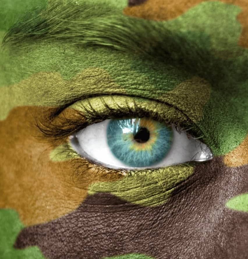 a zoomed in view of a pair of eyes with the face covered in camouflage