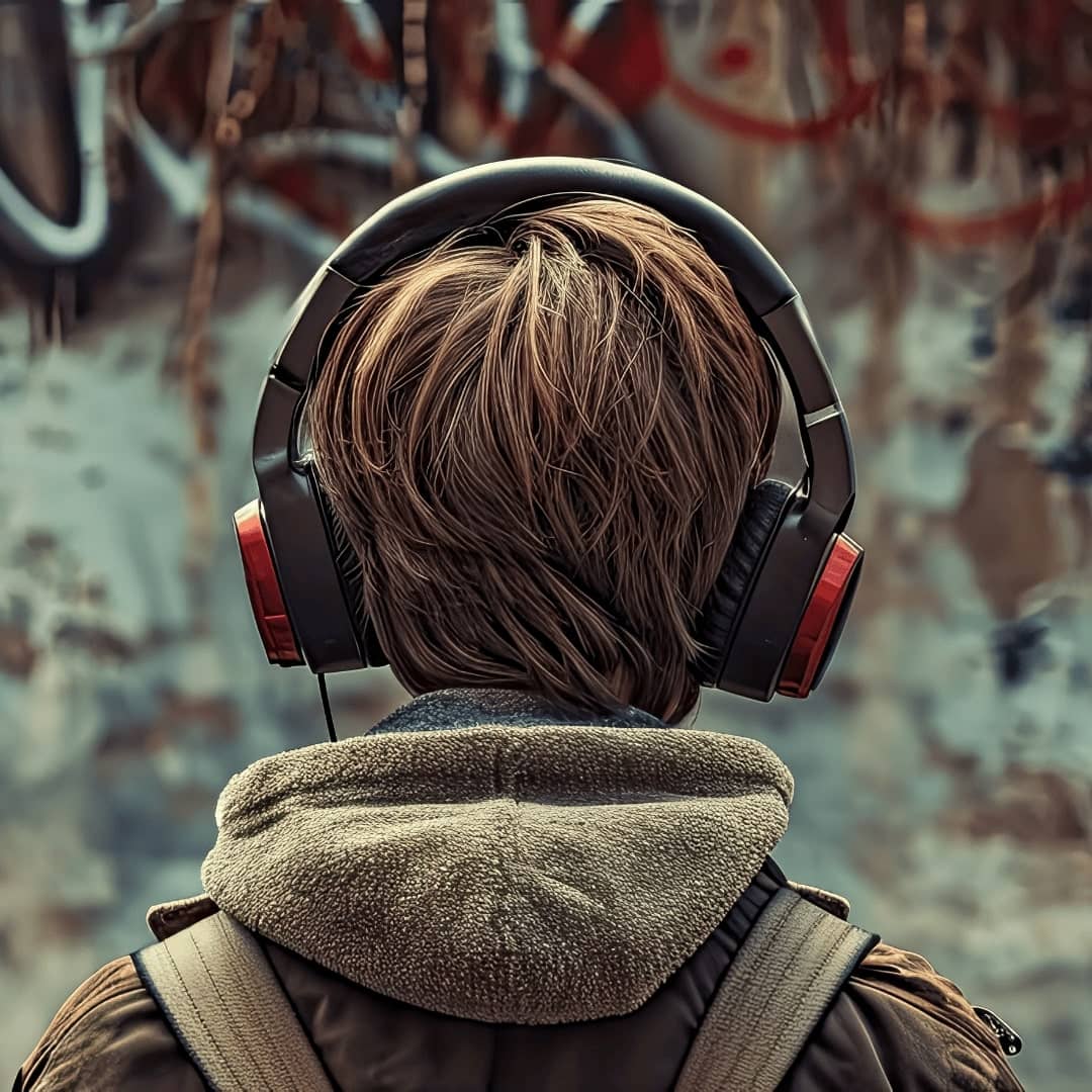 A child wearing headphones and a coat with a hood