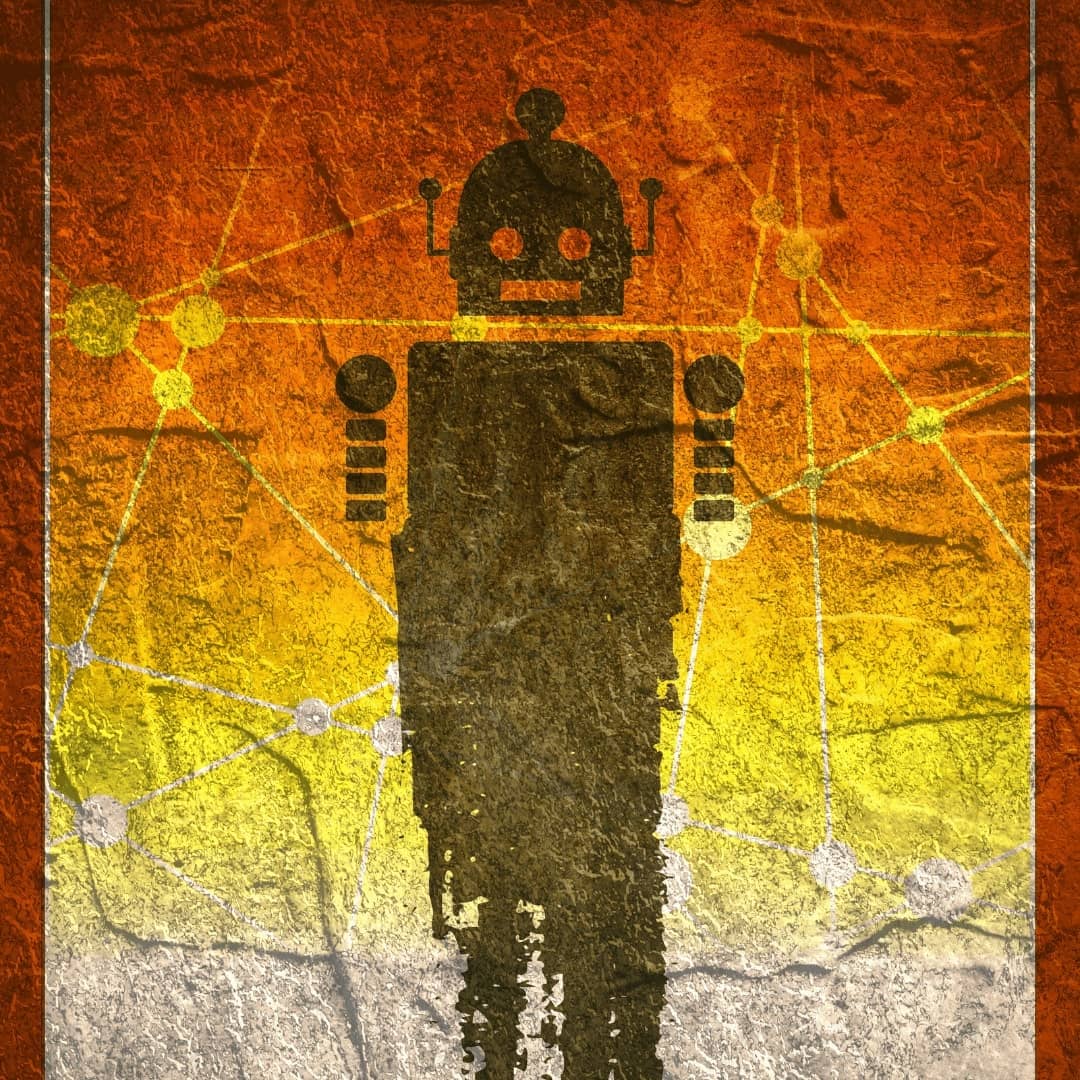 a crude drawing of a robot figure against a red and yellow sunset background