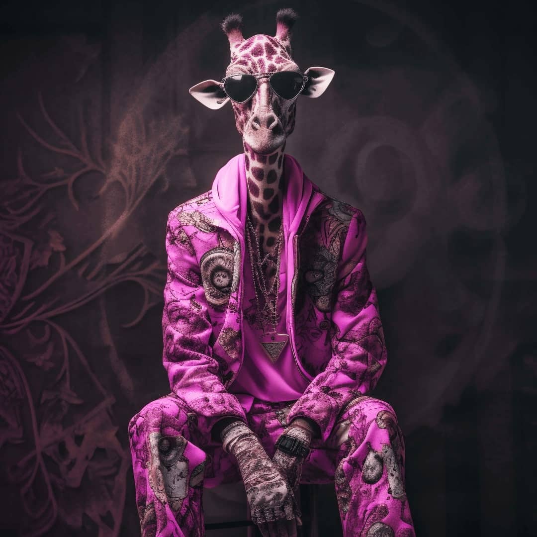 A humanised giraffe sitting in a pink suit and wearing a pair of sunglasses