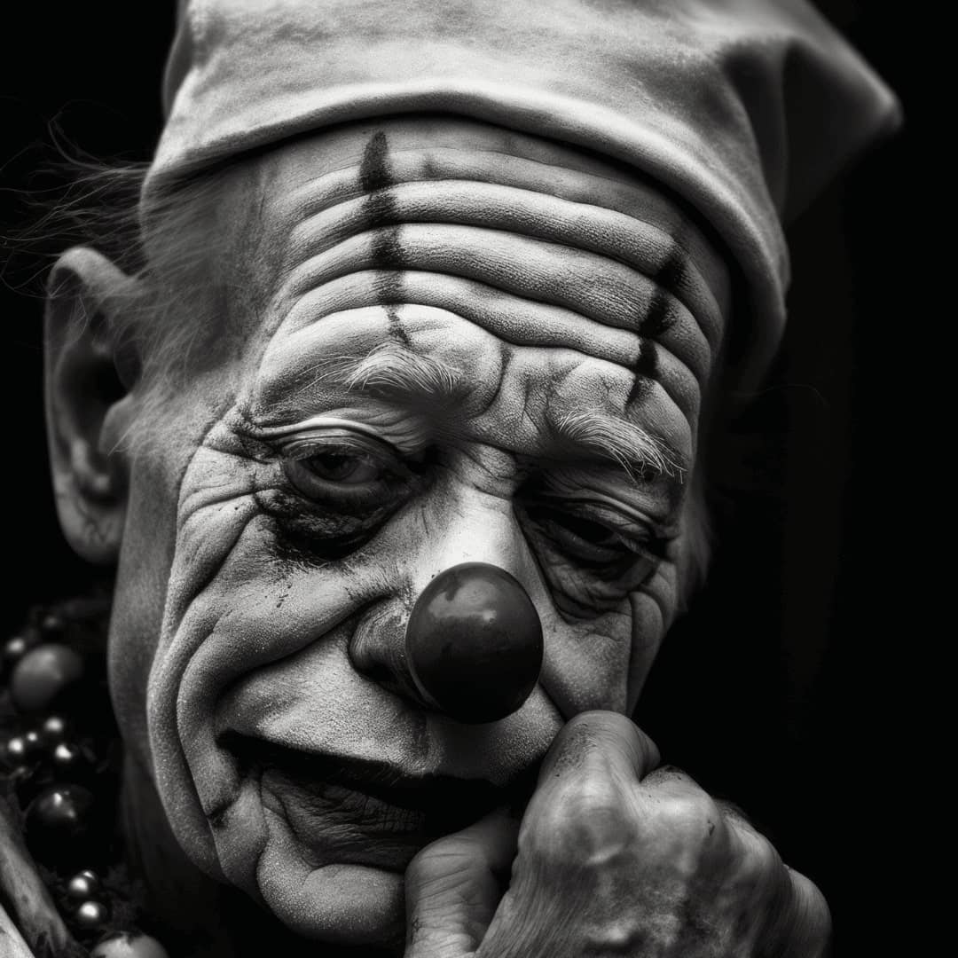 portrait of a clown with heavy white makeup