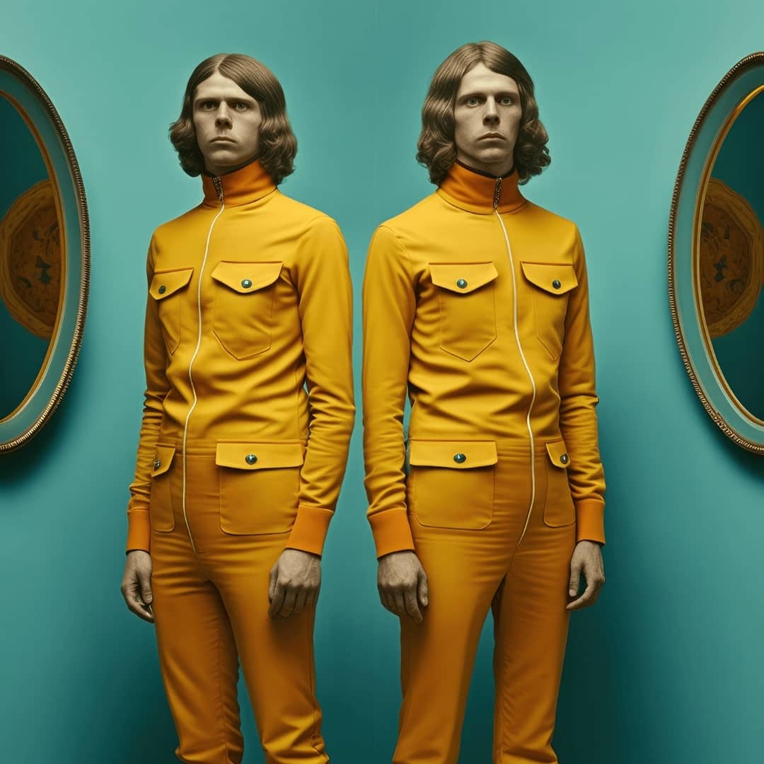 a pair of male twins dressed in yellow jumpsuits against a blue background staring into the lens